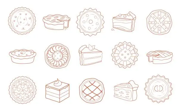 Vector illustration of Line pie dessert. Sweet rural bakery filling with sliced fruits and berries, cake tart and cheesecake pastry pieces drawing. Vector doodle set