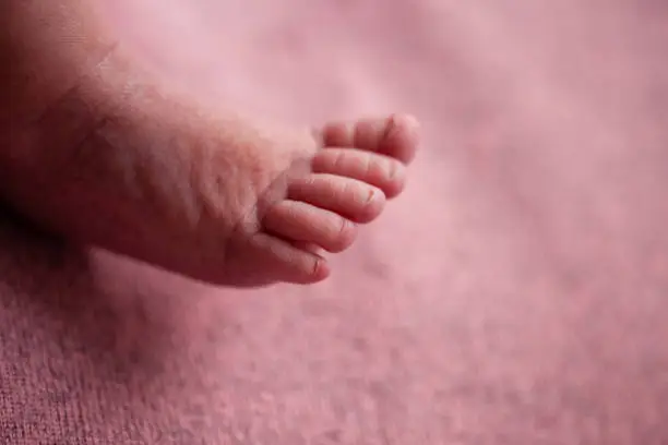 Newborn baby foot in pink background