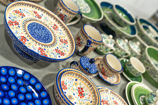 Traditional porcelain from Boleslawiec in the shop. Handmade pottery