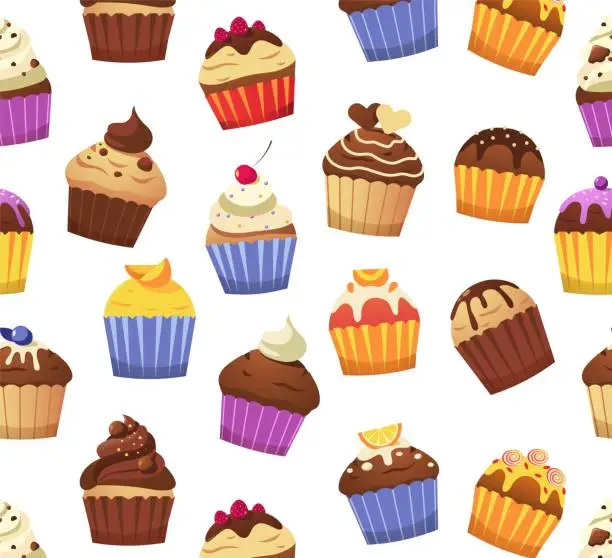 Vector illustration of Cupcake pattern. Seamless print of various muffins sweet pastries decorated with icing toppings cream sprinkles. Vector bakery desserts texture