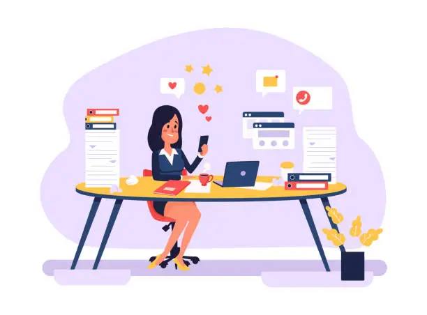 Vector illustration of Procrastination at work. Woman employee sitting at workplace and surfing social media in smartphone. Unproductive office worker