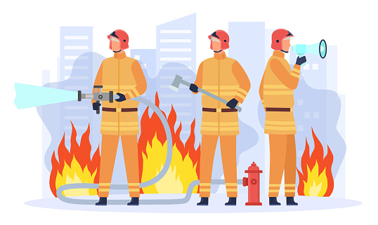 Flat firefighter department team group. Cartoon male characters in uniform holding equipment as hose, axe and megaphone. Professional firemen crew putting out flame vector illustration