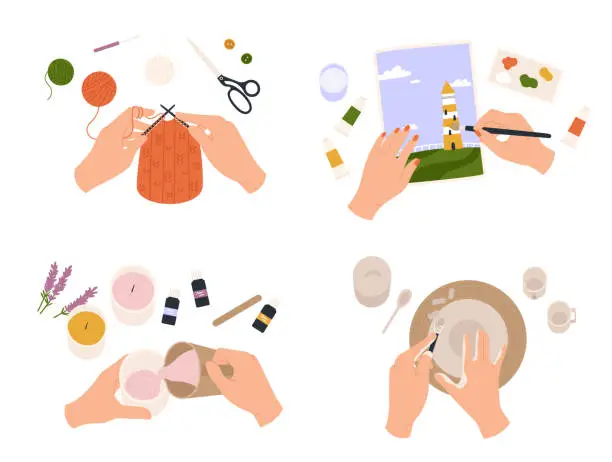 Vector illustration of Hands create crafts. People having handmade classes, knitting, making candles, painting with watercolors