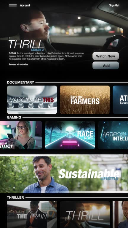 Online streaming service UI for smartphone, showcasing TV-shows, movies and documentaries