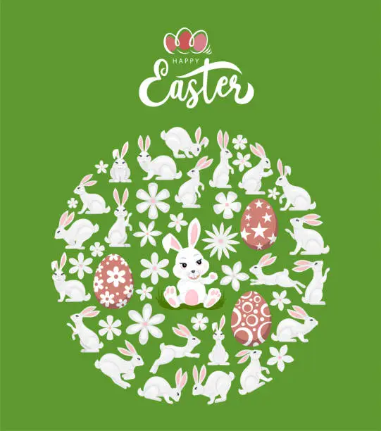 Vector illustration of Easter card with rabbits and flowers.