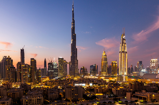 dubai city skyline at night, united arab emirates.