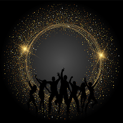 Silhouettes of people dancing on a glittery gold background