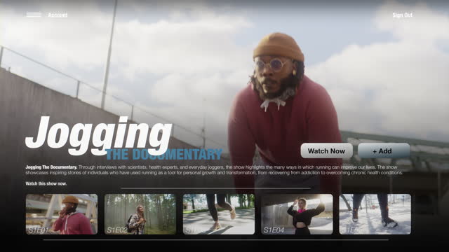 Jogging documentary trailer playing a conceptual streaming service, conceptual user interface