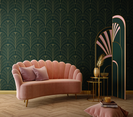 Interior Art Deco en estilo clásico con sofá y mesa rosas.3d renderizado photo