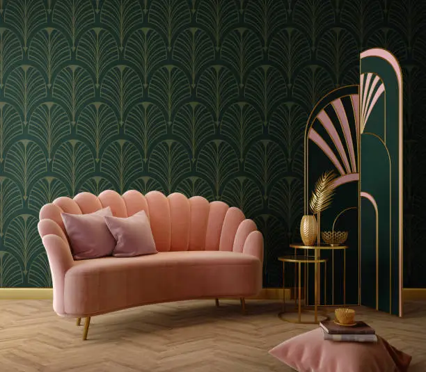 Photo of Art Deco interior in classic style with pink sofa and table.3d rendering