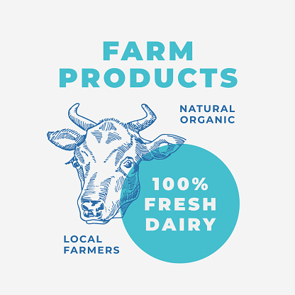 Dairy Products Abstract Vector Sign, Symbol or Emblem Template. Hand Drawn Cow Face Sillhouette with Modern Typography. Farm Fresh Milk Emblem or Package Label. Isolated.