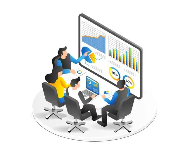 Vector illustration of Isometric flat 3d illustration concept of team having business development analysis discussion