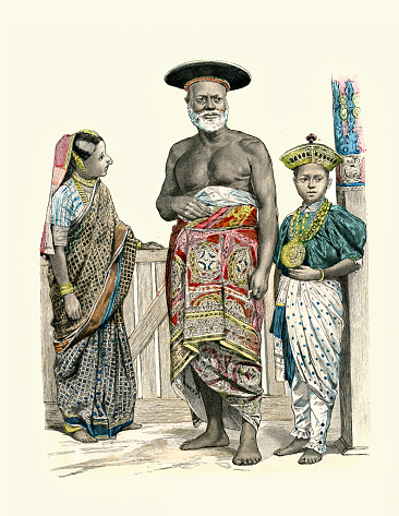 Vintage illustration Traditional costumes of a Girl, Distinguished Sinhalese man, Page to the Governor of Ceylon, Sri Lanka, History of fashion, 1880s 19th Century