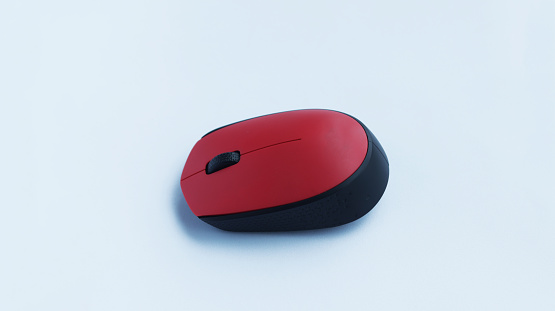 Simple red mouse computer accessories wireless isolated on white.