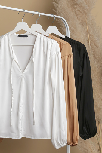Women's Clothes. Clothes rack with stylish and elegant satin long sleeved blouses in fashion atelier. Minimalist fashion blog concept.