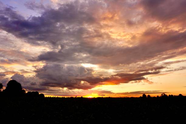 istock Sunset in summer over a cornfield. Multicolored sunset with clouds over the field. Sunset in the village over the fields. A bright sunset in Upper Bavaria. 1473729524