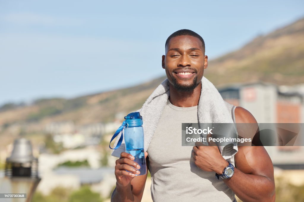 Portrait Fitness And Water Bottle With A Sports Black Man Or