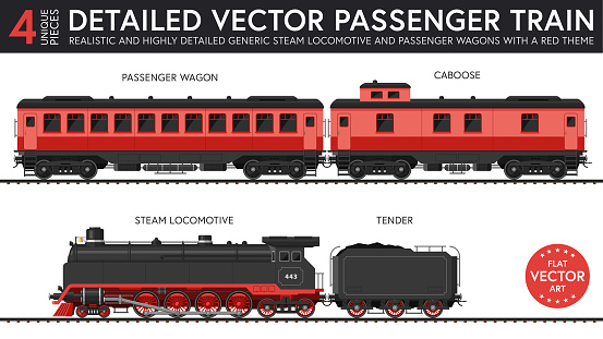 Highly detailed flat vector illustration of a set of generic passenger train parts with late steam era style. 4 unique pieces of equipment. Graphical resources.
