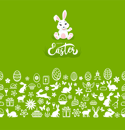 Easter Seamless Green Pattern. Icons with Easter eggs, flowers, bunnies and butterfly.