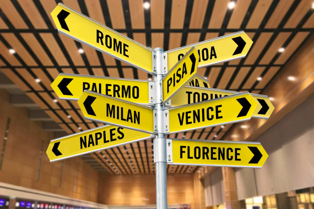 Travel locations in Italy Directional signs with travel locations in Italy in an airport terminal florence italy airport stock pictures, royalty-free photos & images