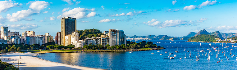 Botafogo beach and Guanabara bay with the Sugarloaf Mountain in the background and the boats on the sea in the city of Rio de Janeiro