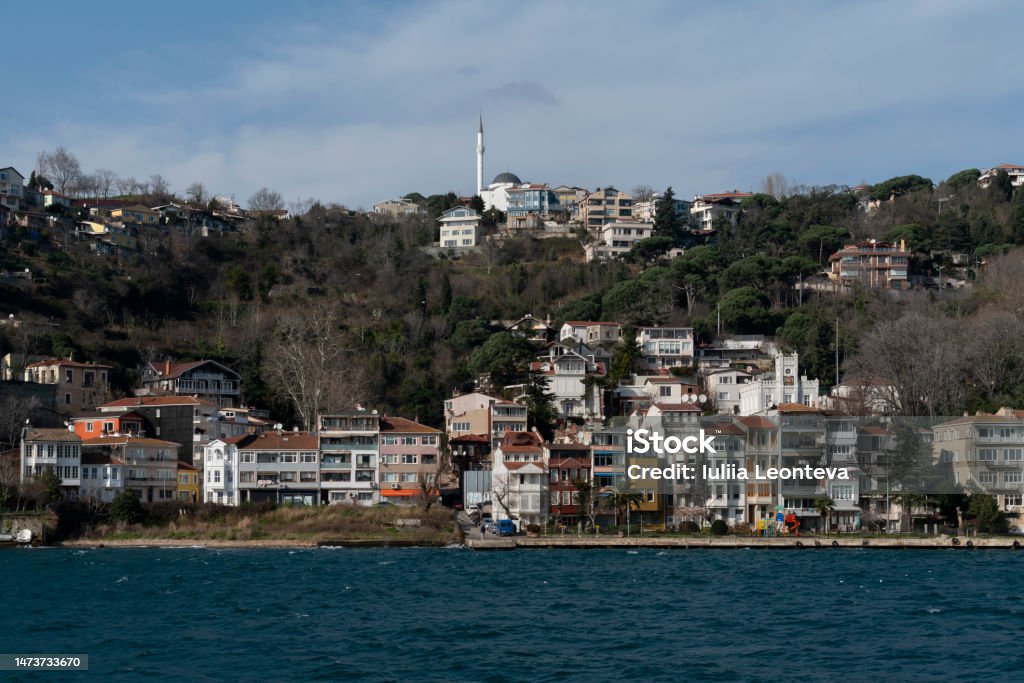 Yenimahalle district of Istanbul, part of the Beykoz district from the Bosporus water area on a sunny day, Istanbul, Turkey View of the Yenimahalle district of Istanbul, part of the Beykoz district from the Bosporus water area on a sunny day, Istanbul, Turkey Aquatic Sport Stock Photo