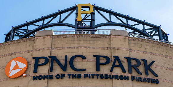 Pittsburgh, Pennsylvania, USA March 5, 2023 The PNC Park Home the Pittsburgh Pirates logo on the stadium on the north side of the city on a sunny winter day