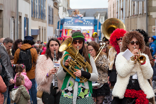 Douarnenez, France - February 27 2022: Les Gras de Douarnenez is a particularly famous carnival across Brittany that has taken place every year since 1835. It lasts five days in mid-February and consists of a succession of carnival balls and parades.