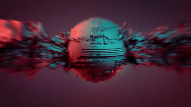 Photo of Spherical science fiction object with abstract elements pierced through. Motion blur caused by hyper speed movement. 3d illustration dedicated to popular sci-fi movies star wars and star trek