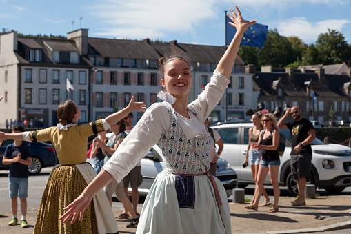 Landerneau, France - July 10 2022: Dancers of the Eostiged ar stangala from Quimper during the Kann an loar festival.
