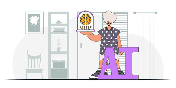 Guy brandishing a computergenerated A.I. brain, in fashionable attire, vector art.