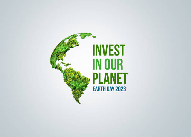 Earth day 2023 3d concept Invest in our planet. Earth day 2023 3d concept background. Ecology concept. Design with 3d globe map drawing and leaves isolated on white background. earth day stock pictures, royalty-free photos & images
