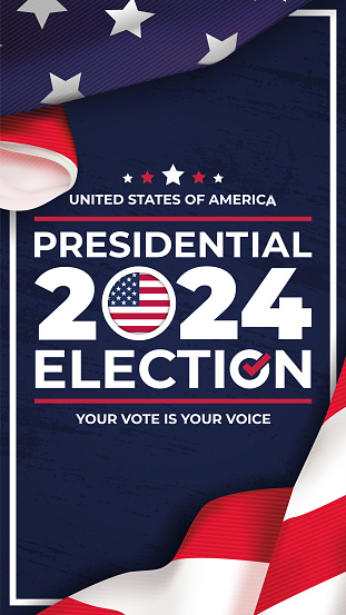 Vertical illustration vector graphic of united states flag, presidential election and year 2024 perfect for election day in united states, united states flag