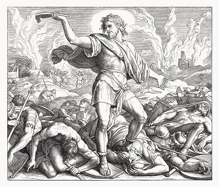 Samson slays a thousand men with a jawbone of a donkey (Judges 15, 16). Wood engraving by Julius Schnorr von Carolsfeld (German painter, 1794 - 1872), published in 1860.