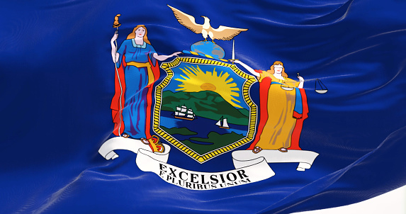 Detail of the New York State flag waving. Blue background with state coat of arms. Rippled fabric. Textured background. 3d illustration render. Close-up