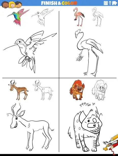 Vector illustration of drawing and coloring worksheets set with wild animals