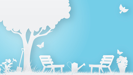 Garden Silhouette In Paper Cut Style with drop shadows. The individual elements can be released form the clipping mask.