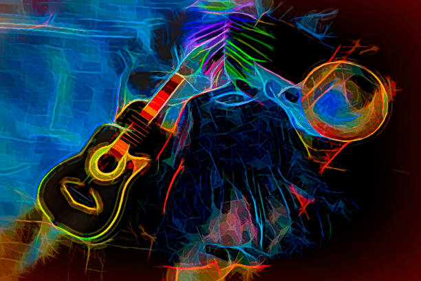 istock Neon flat lays - dress, guitar, hat, laptop 1473742099