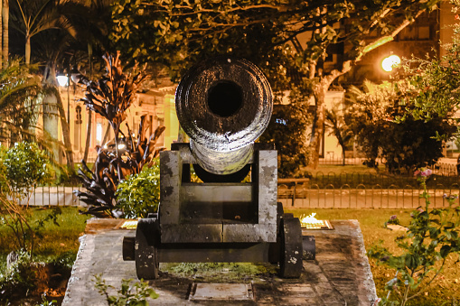 Photo of an old cannon, with a front view, at night, with vegetation in the background