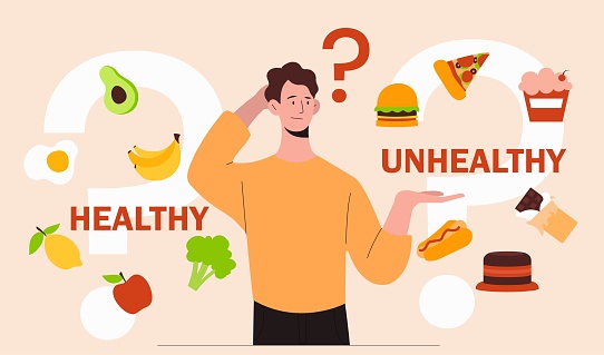 Healthy and unhealthy food. Man compares diets and chooses lifestyle. Burger, pizza and hot dog vs banana, lemon, apple, avocado, broccoli and scrambled eggs. Cartoon flat vector illustration