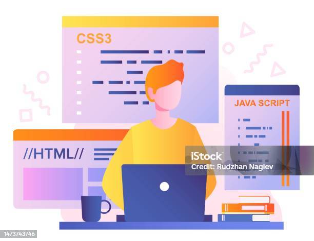 Man Coding At Laptop Stock Illustration - Download Image Now - Coding ...