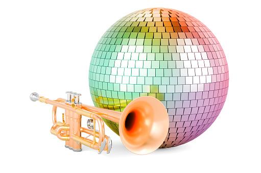 Trumpet with mirror disco ball, 3D rendering isolated on white background
