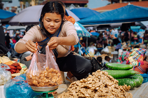 Vietnamese woman selling ginger at the market\nBac Ha hosts the biggest fair near the mountainous highlands and the Chinese border\nBac Ha, northern Vietnam