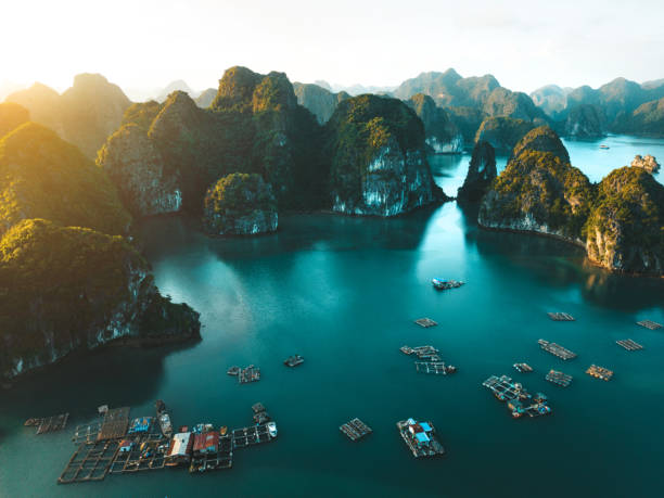 Aerial view over Ha Long Bay in north Vietnam during sunset stock photo