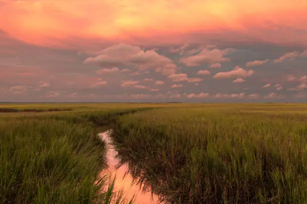 A summer storm passes over the Georgia marsh in Darien, GA in the Summer of 2022.