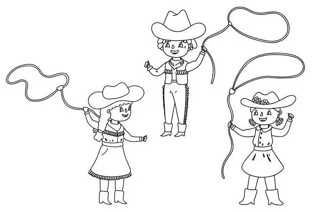 Vector illustration of Cowgirl cowboy kid twirling a lasso.
