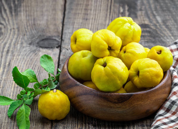 fresh quince fruits in wooden bowl on rustic background - quince imagens e fotografias de stock