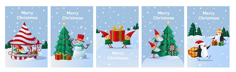 Christmas posters set. Collection of graphic elements for website. Snowman and elves with gifts on carousel. Winter holiday and New Year. Cartoon flat vector illustrations isolated on white background