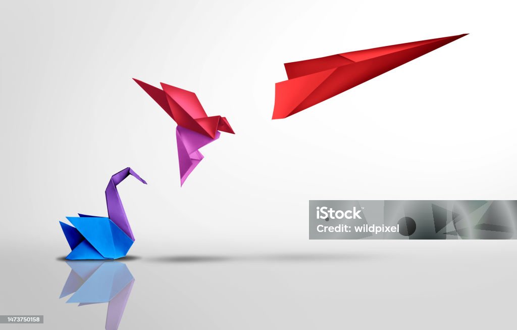 Transform And Succeed Transform and succeed or Success transformation and improving as a leadership in business through innovation and evolution concept with paper origami changed for the better. Change Stock Photo