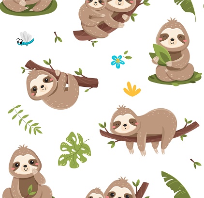 Sloth seamless pattern. Repeating design element for printing on fabric. Tropical and exotic animal on branch. Nature and wild life, flora and fauna. Cartoon flat vector illustration